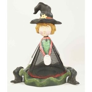 Halloween Witch w/ Spider Necklace Tea Light Holder Wire Ceramic by Kathy Hatch